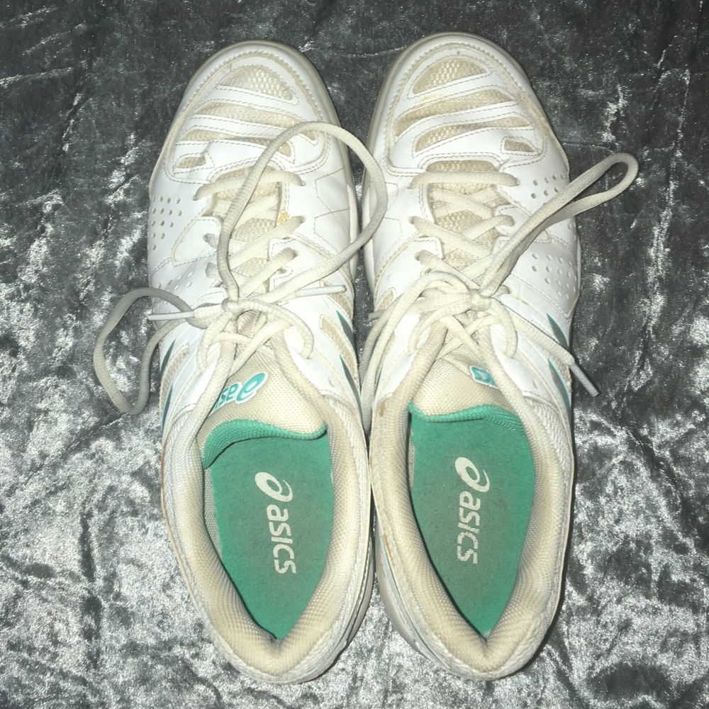 Blue and Teal Asics Tennis shoes